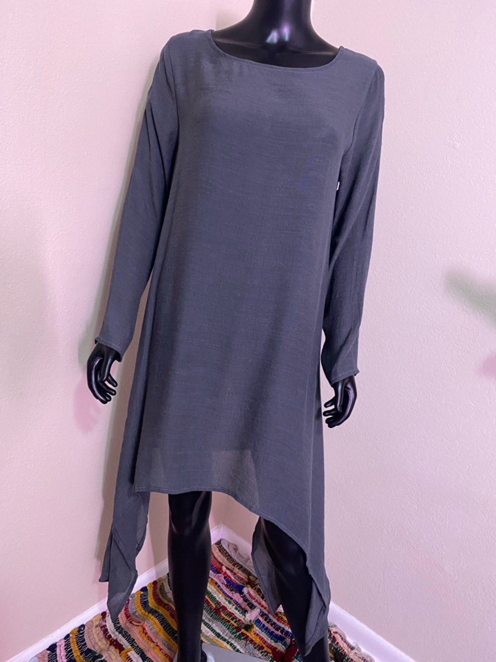 Asymmetrical Draped Long Sleeve Tunic Dress Charcoal
